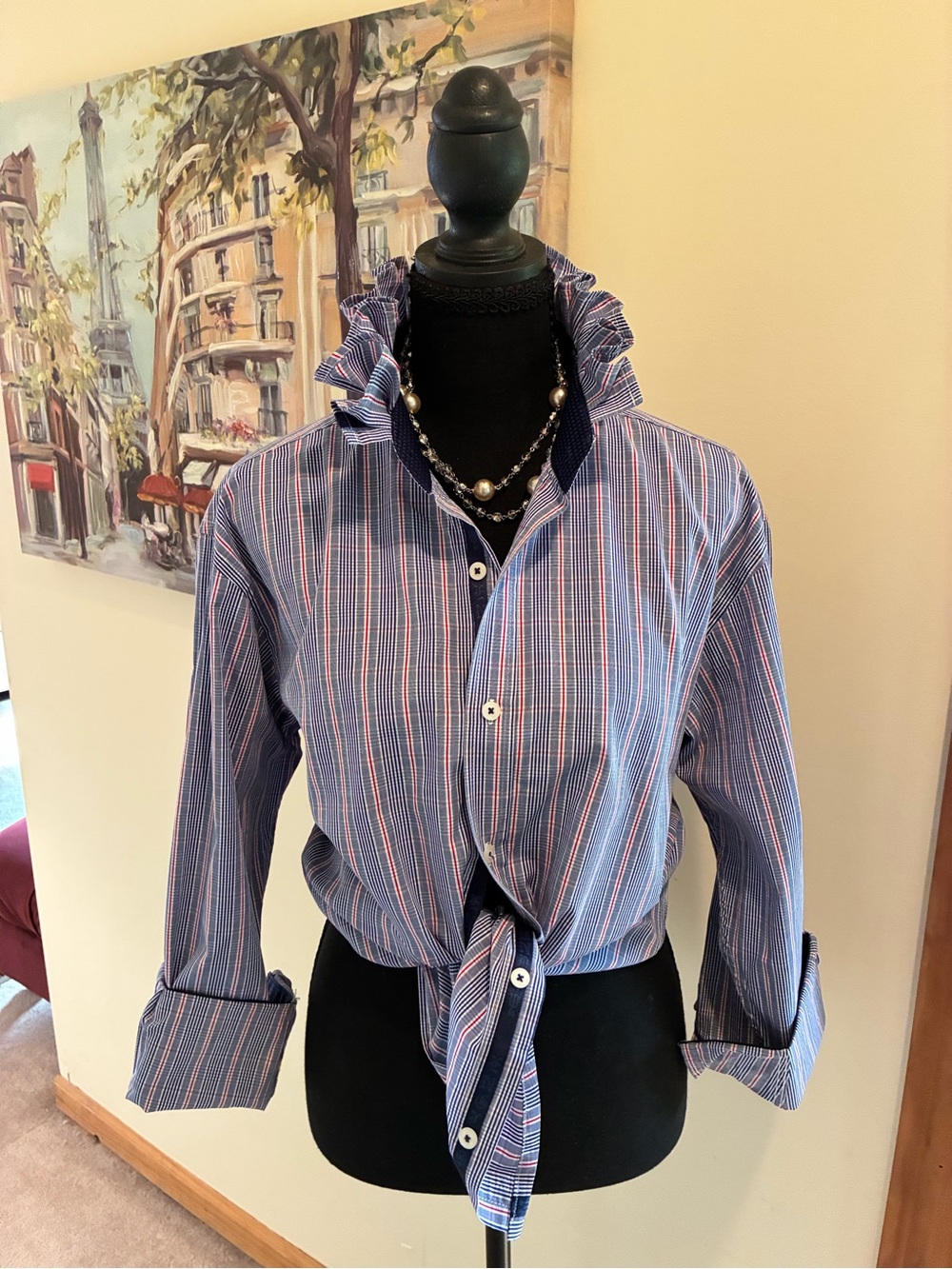 English Laundry Blue Striped Women’s Button-Down Shirt with Red Pinstripes